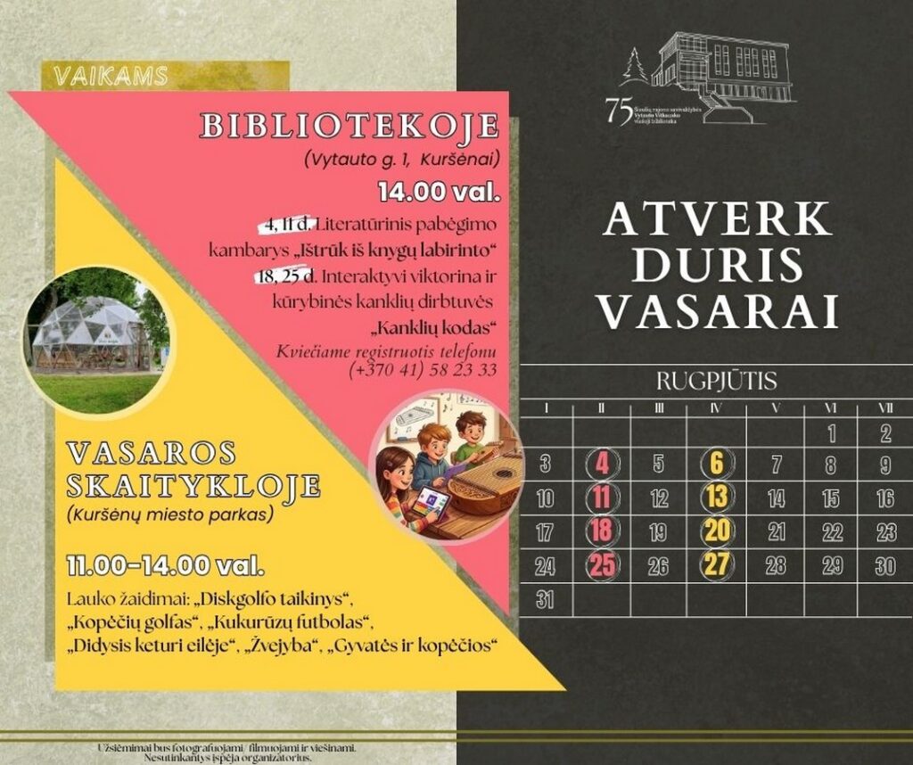 4, 6, 11, 13, 18, 20, 25, 27 d. – ŠIAULIŲ RAJONO SAVIVALDYBĖS VYTAUTO VITKAUSKO VIEŠOJOJE BIBLIOTEKOJE – Atverk duris vasarai