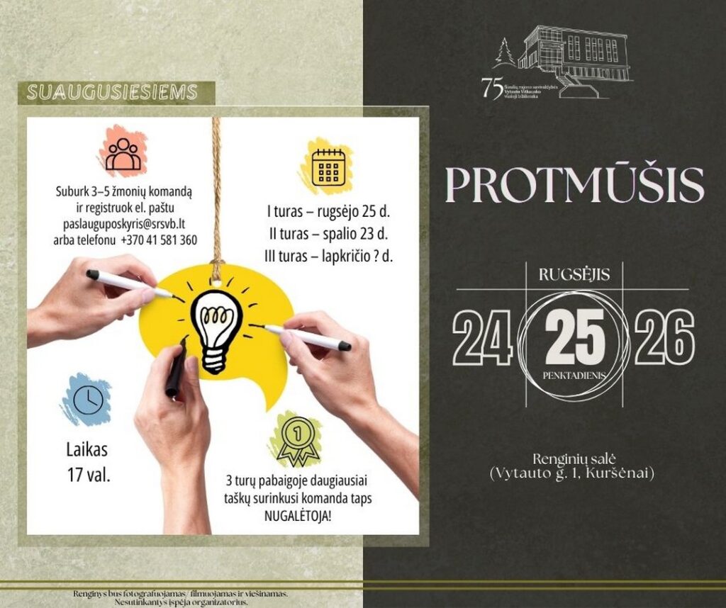 25 d. 17 val. – ŠIAULIŲ RAJONO SAVIVALDYBĖS VYTAUTO VITKAUSKO VIEŠOJOJE BIBLIOTEKOJE – Renginių salėje – protmūšis I turas