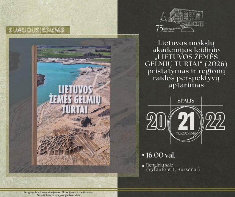 21 d. 16 val. – ŠIAULIŲ RAJONO SAVIVALDYBĖS VYTAUTO VITKAUSKO VIEŠOJOJE BIBLIOTEKOJE – Renginių salėje – Lietuvos mokslų akademijos leidinio „Lietuvos žemės gelmių turtai“ (2026) pristatymas ir regionų raidos perspektyvų aptarimas