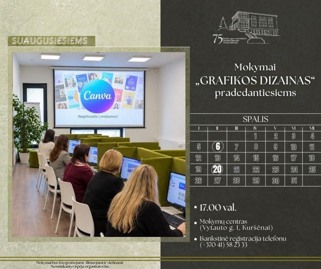 6 d. 17 val. – ŠIAULIŲ RAJONO SAVIVALDYBĖS VYTAUTO VITKAUSKO VIEŠOJOJE BIBLIOTEKOJE – Mokymų centre – mokymai „Grafikos dizainas“ pradedantiesiems